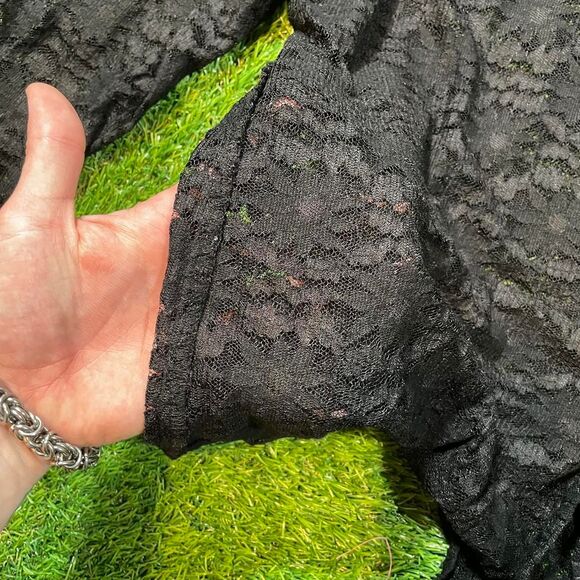 Black lace floral pattern button up oversized shirt with a gothic vibe (L/XL) - Picture 4 of 7